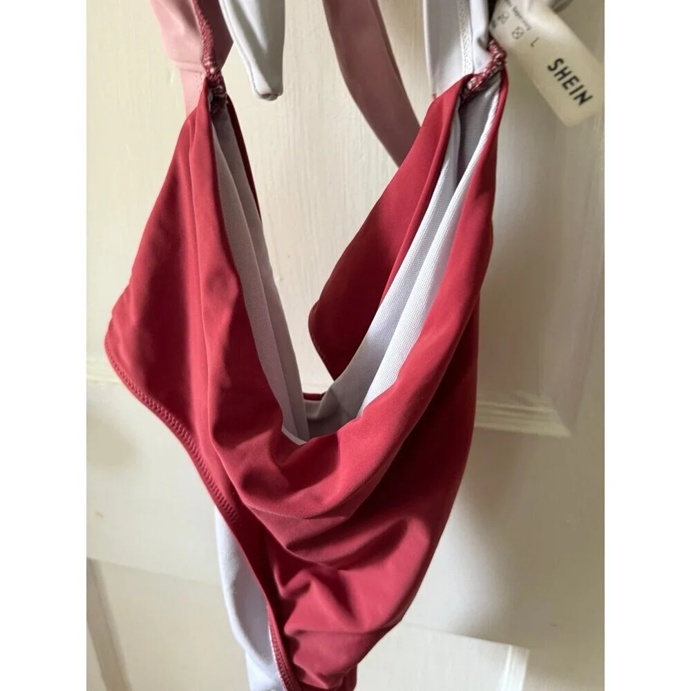 SHEIN women’s size large cut out pink white red bathing suit
